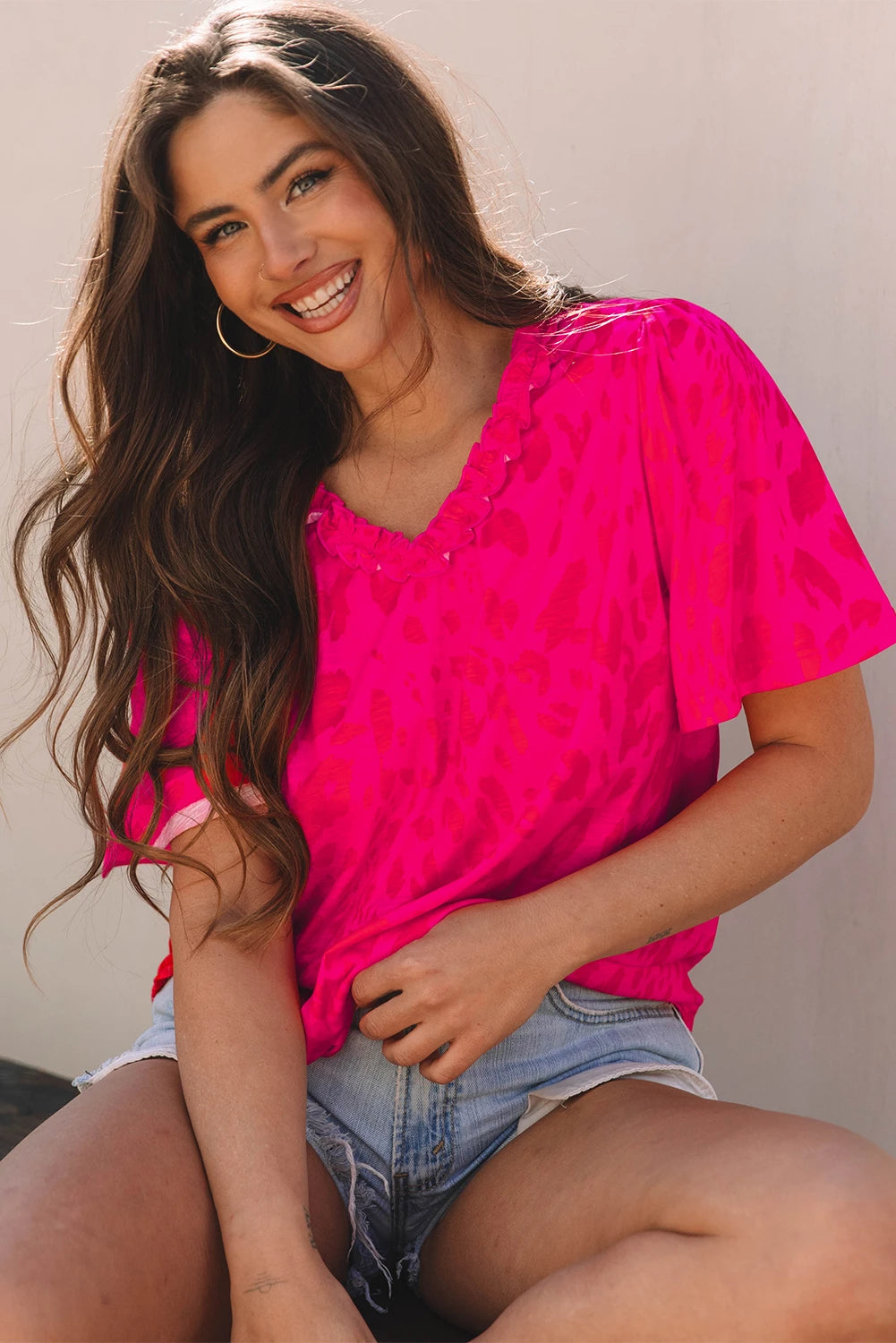 Rose Leopard Frilly V Neck Short Sleeve Blouse