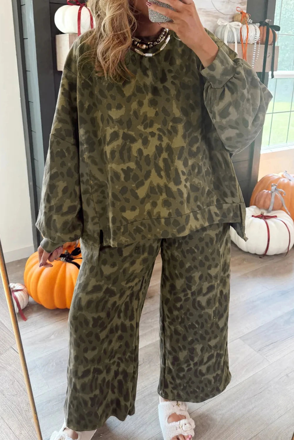 Brown Leopard Print Raw Seam Patchwork Pullover Drawstring Loose Pant Set