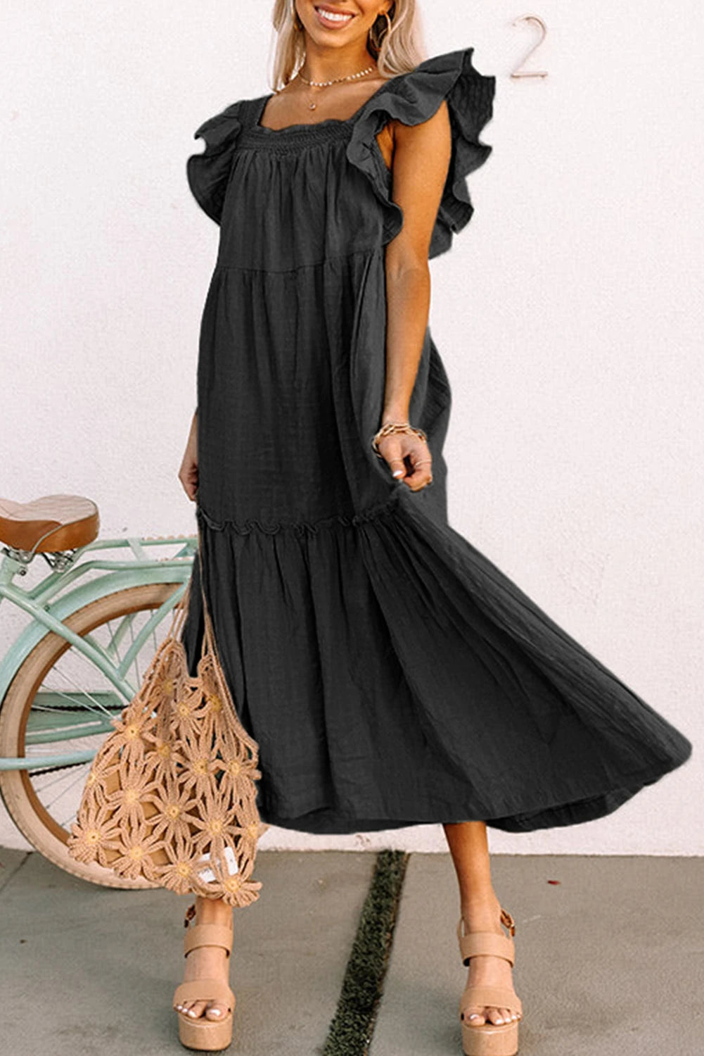 Green Ruffled Flutter Sleeve Square Neck Textured Tiered Maxi Dress