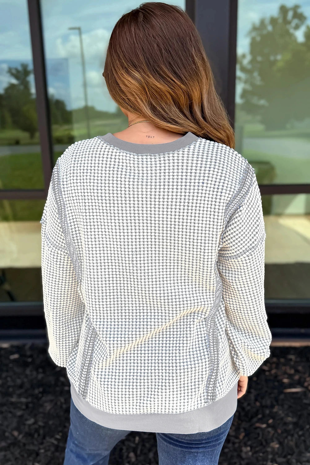 Dark Blue Waffle Knit Exposed Stitching Casual Top with Side Slits