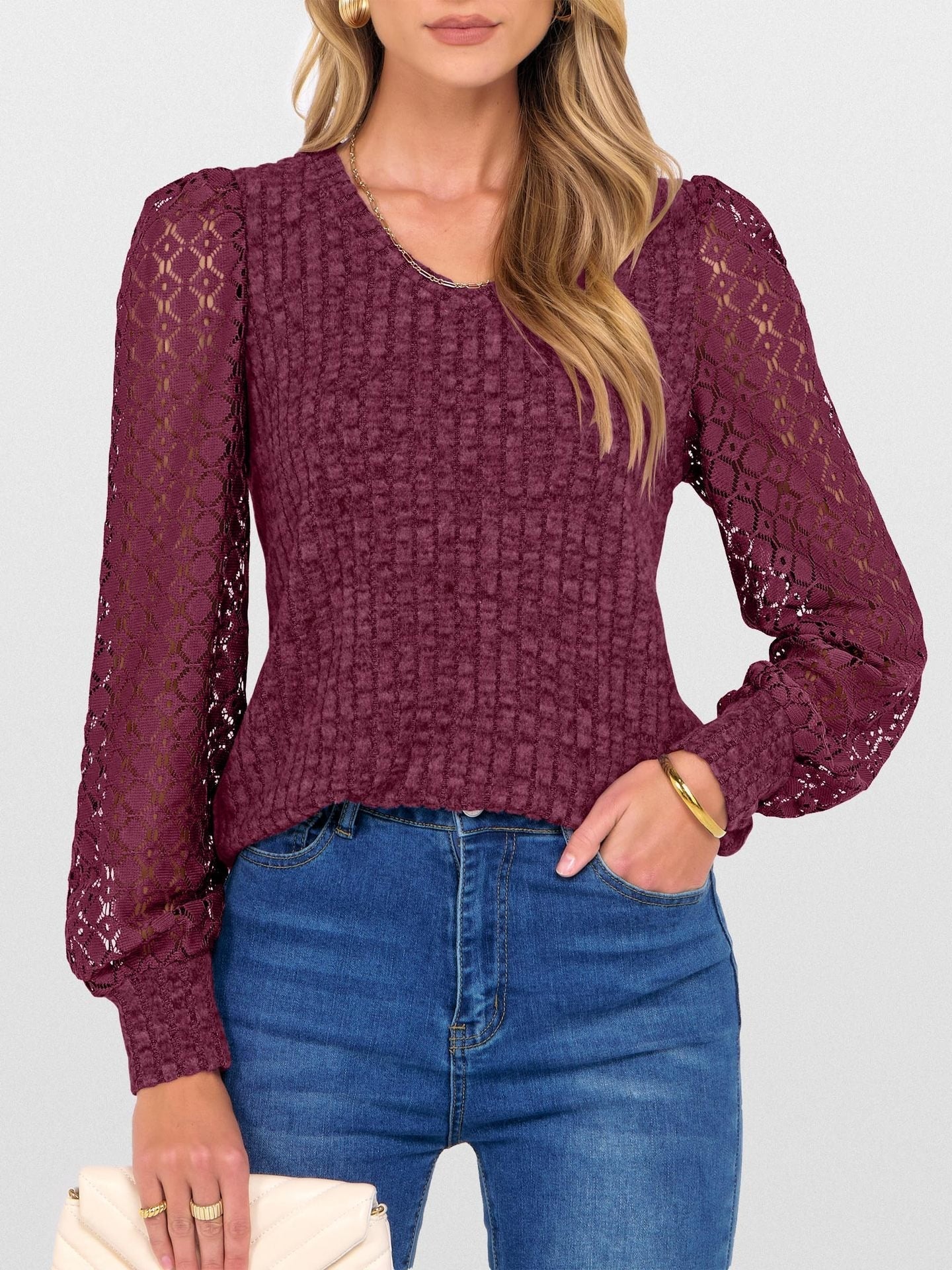 V-Neck Knit Top with Lace Puff Long Sleeves