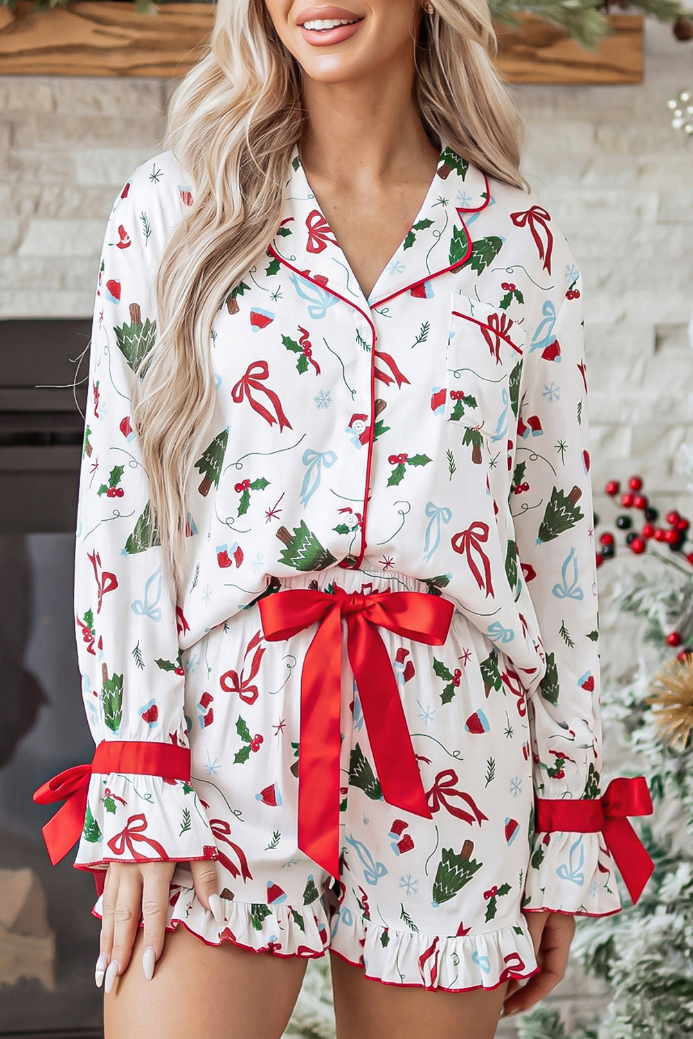 White Christmas Print Ruffle Cuff Long Sleeve Lounge Set