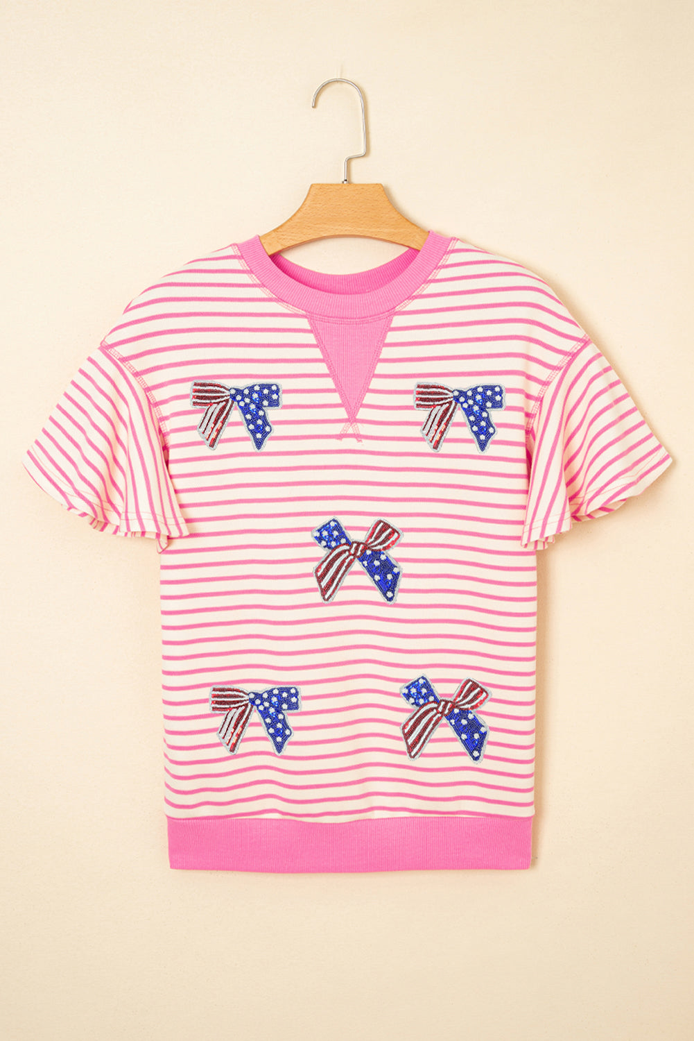 Sachet Pink Sequined American Flag Bow Patched Striped Ruffled Sleeve Blouse