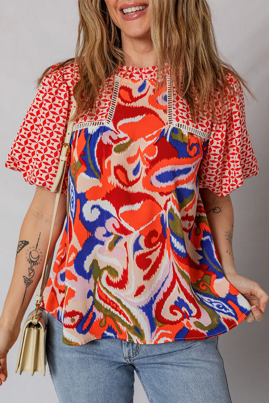 Patchwork Abstract Blouse Boho Puff Sleeve Top