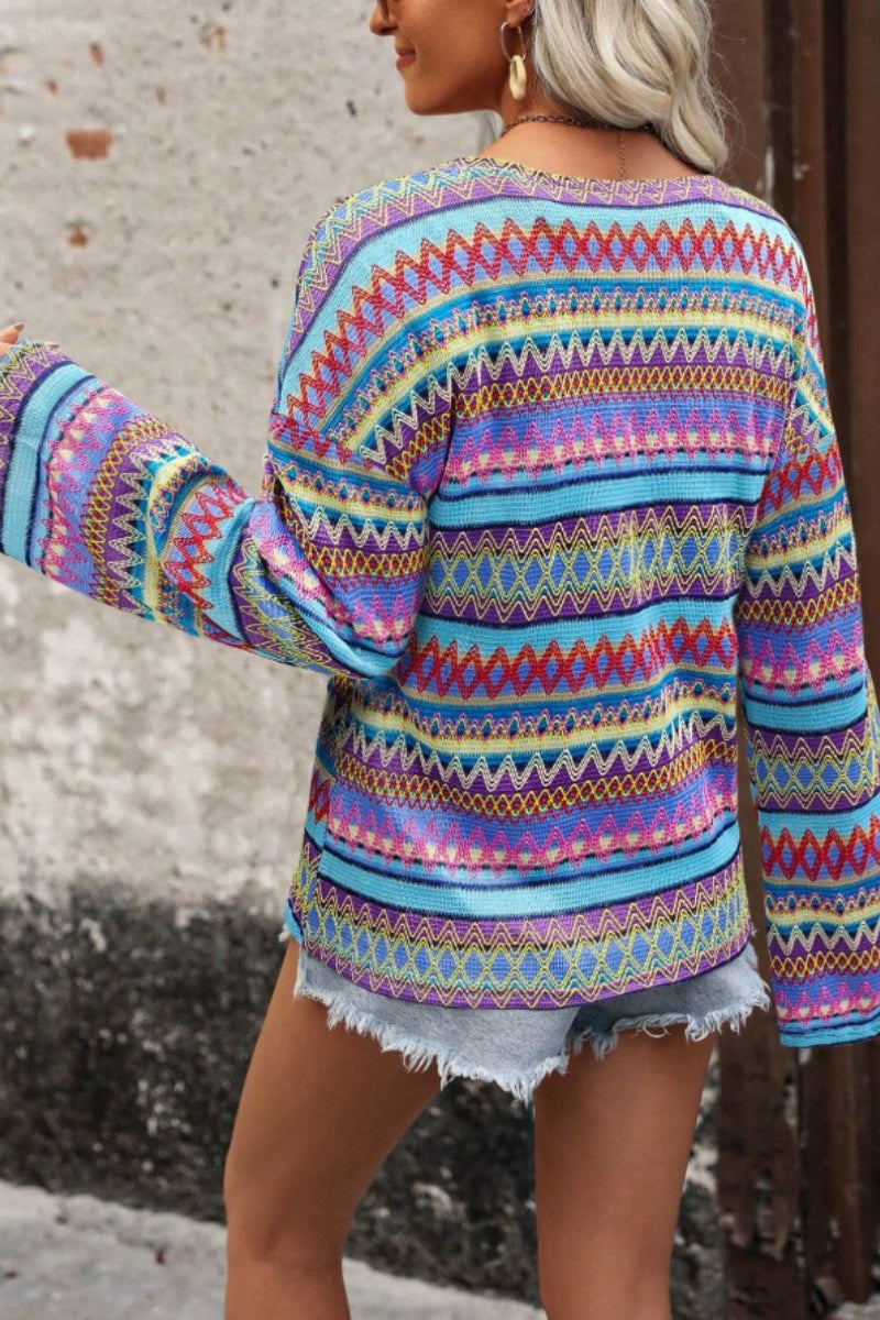 Geometric Sweater Boho Bell Sleeve Pullover Top
