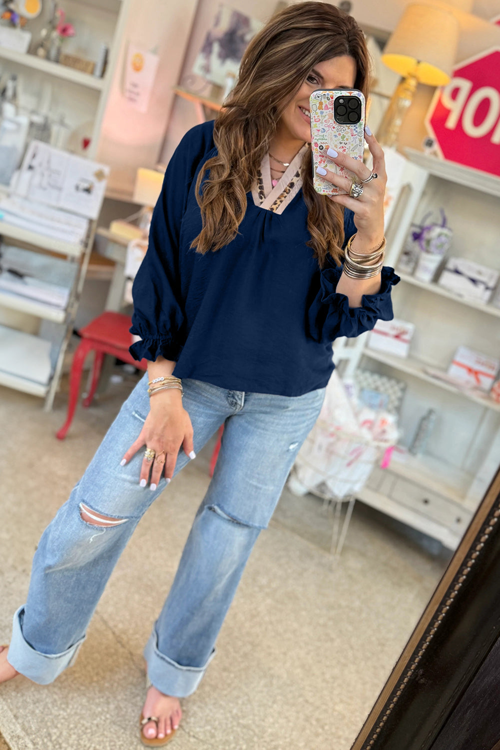 Violet Leopard Trim V Neck Flounced Bracelet Sleeve Blouse