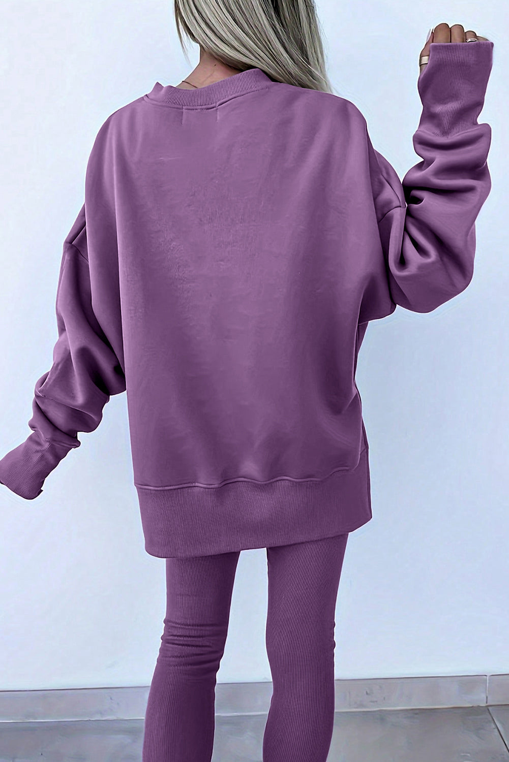 Jet Stream Solid Color Oversize Slit Sweatshirt Ribbed Leggings 2pcs Set