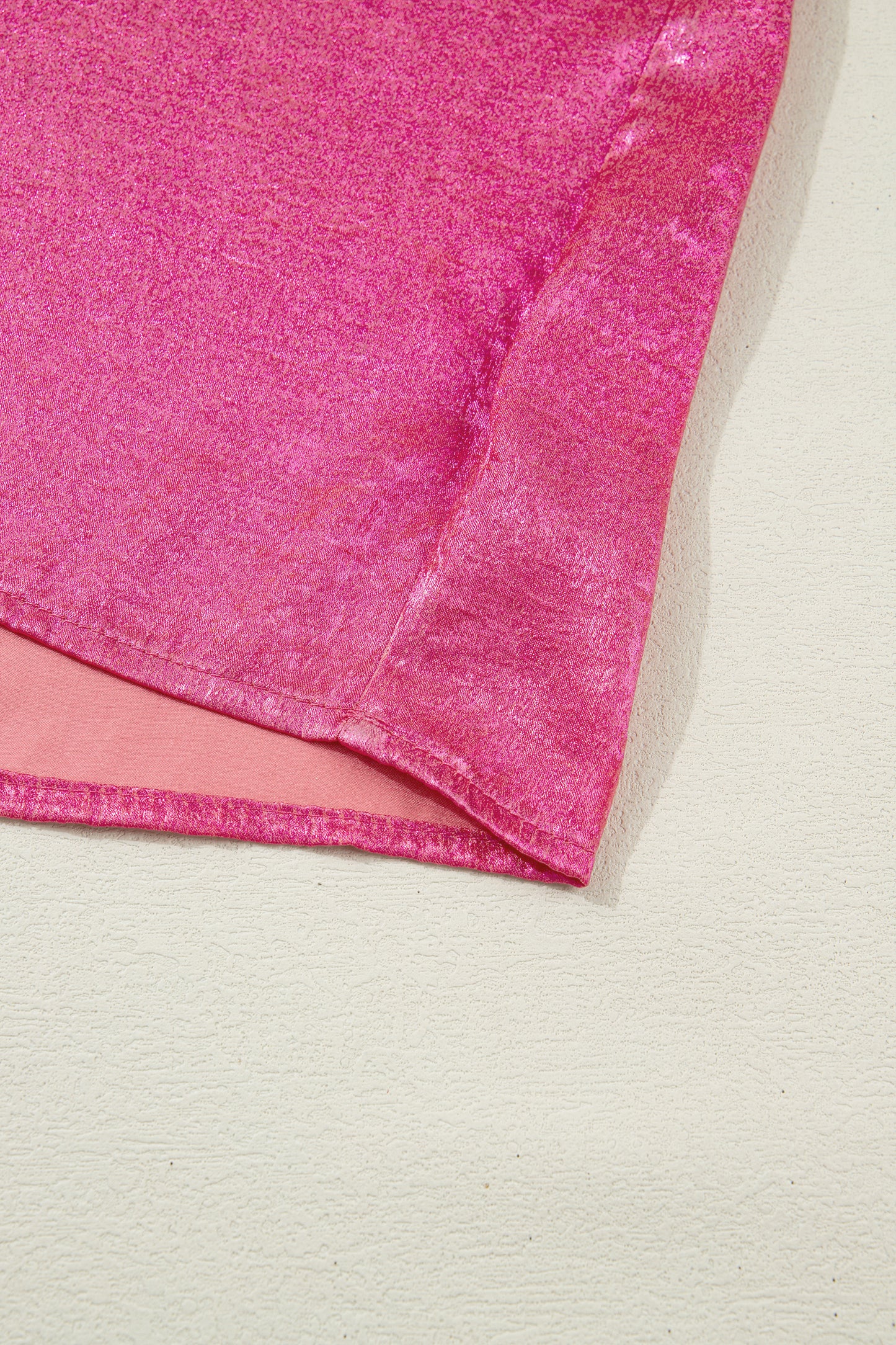 Strawberry Pink Collared V Neck Half Sleeve Metallic Top