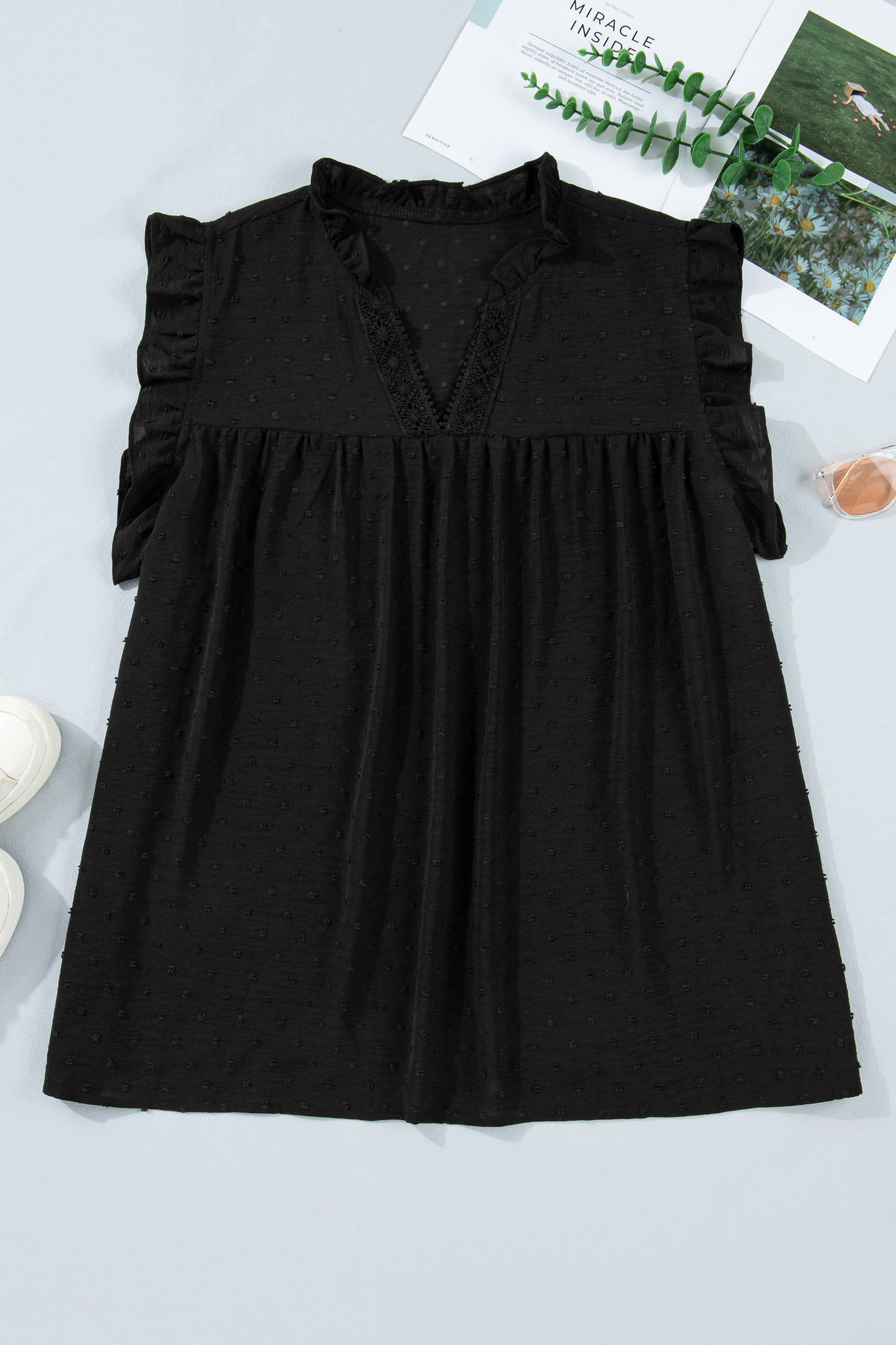 White Plus Size Swiss Dot Ruffle Lace Trim V Neck Tank Top