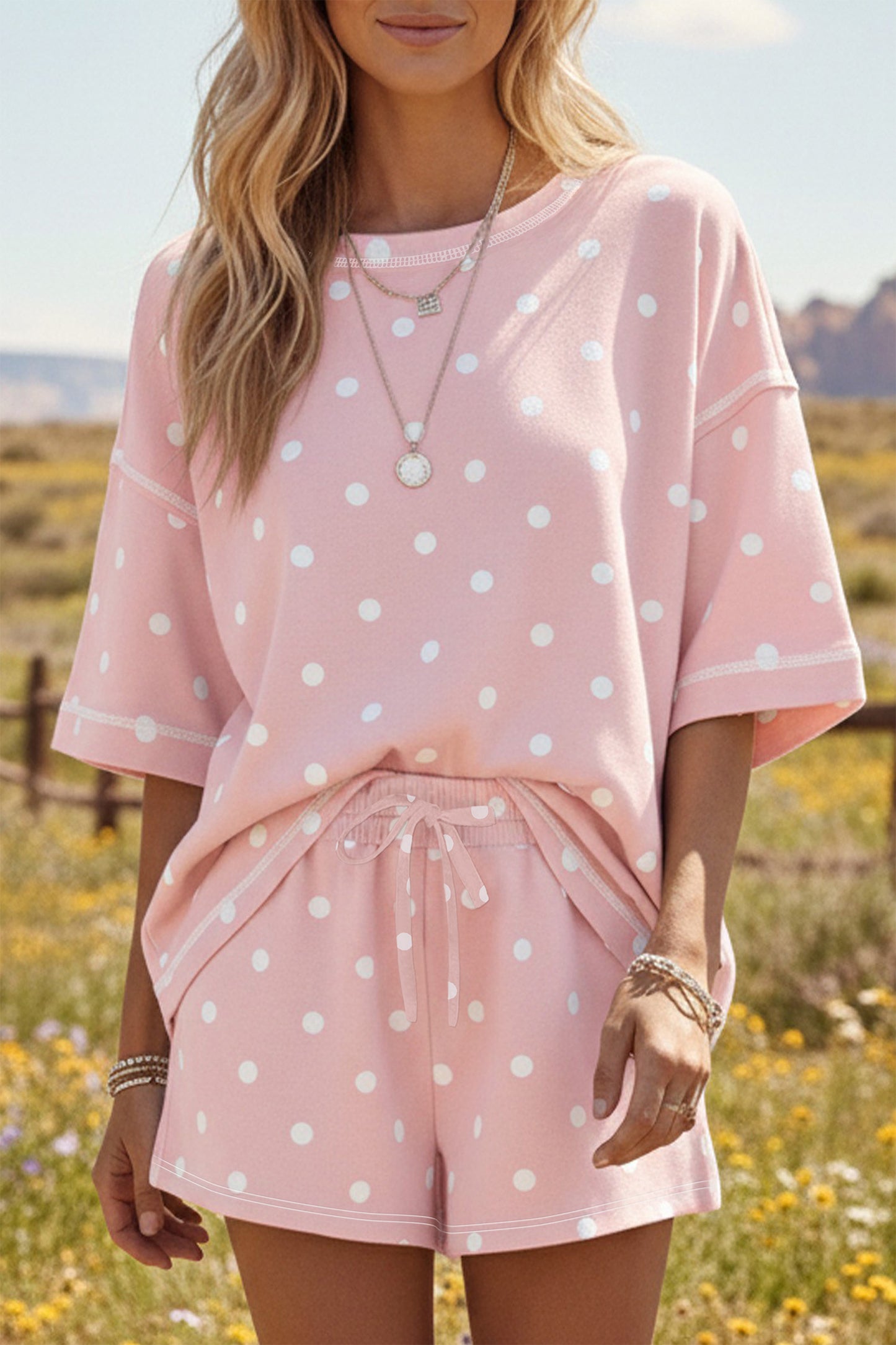 White Exposed Seam Detail Polka Dot Loose Tee Drawstring Shorts Set