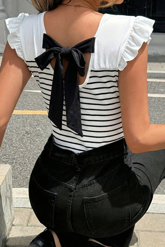 Striped Cotton Tank Top Elegant Bow Back Frill Sleeve