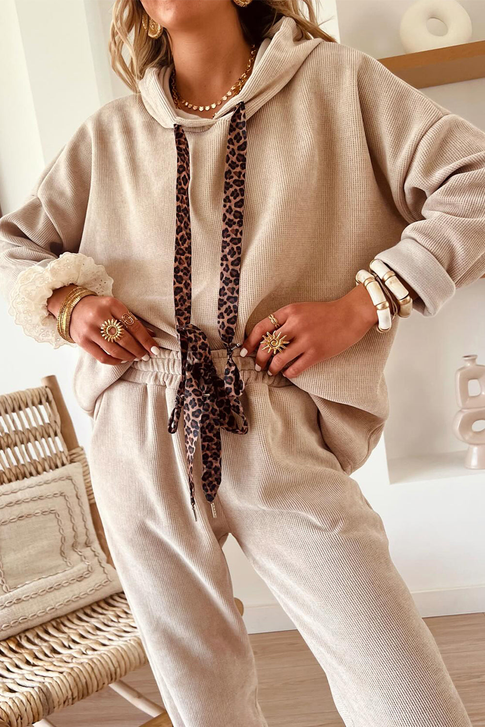 Casual Lace Drawstring Pullover Hoodie and High Waist Pants Corduroy Suit