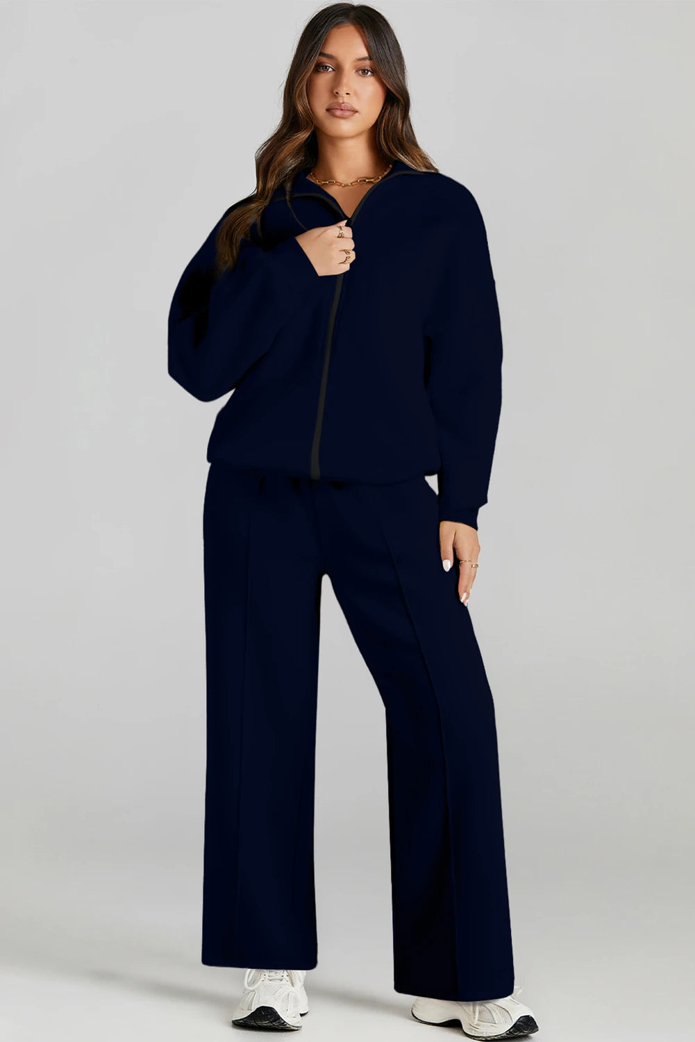 Black Drop Shoulder Zip Up Jacket Drawstring Pants Active 2pcs Set