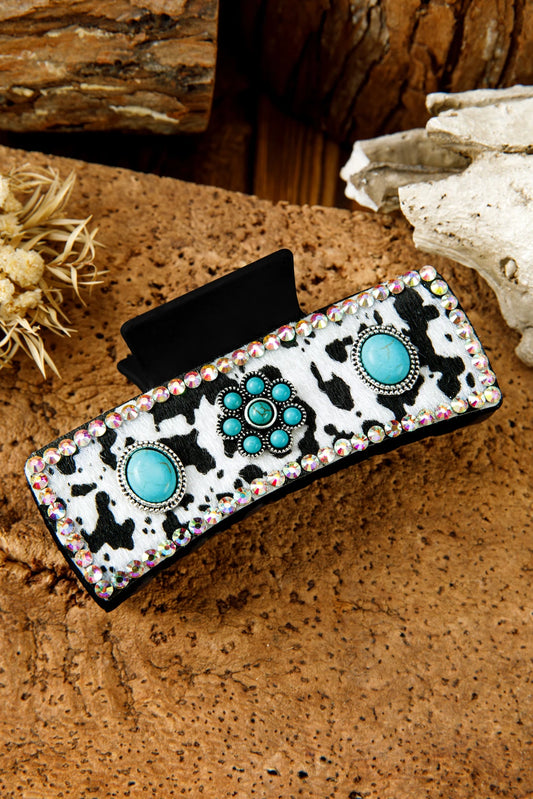 Black Western Cow Spots Faux Fur Patched Rhinestone Turquoise Detail Hair Claw Clip