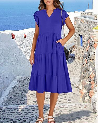V Neck Flutter Sleeve Tiered Midi Dress with Pockets
