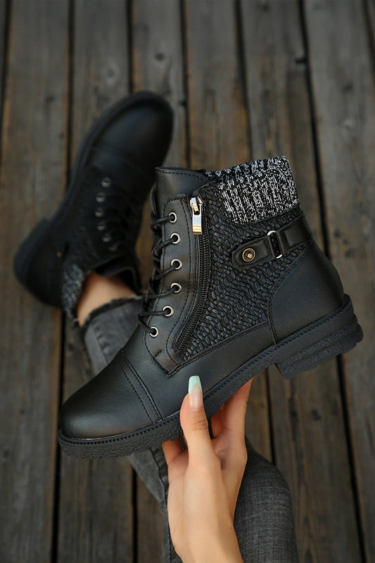 Black Faux Leather Textured Contrast Woven Patchwork Lace-up Martin Boots