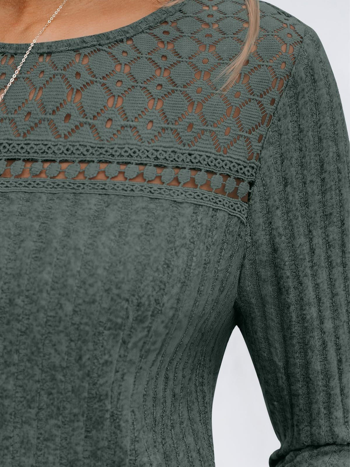 Solid Ribbed Top Casual Lace Long Sleeve Boutique