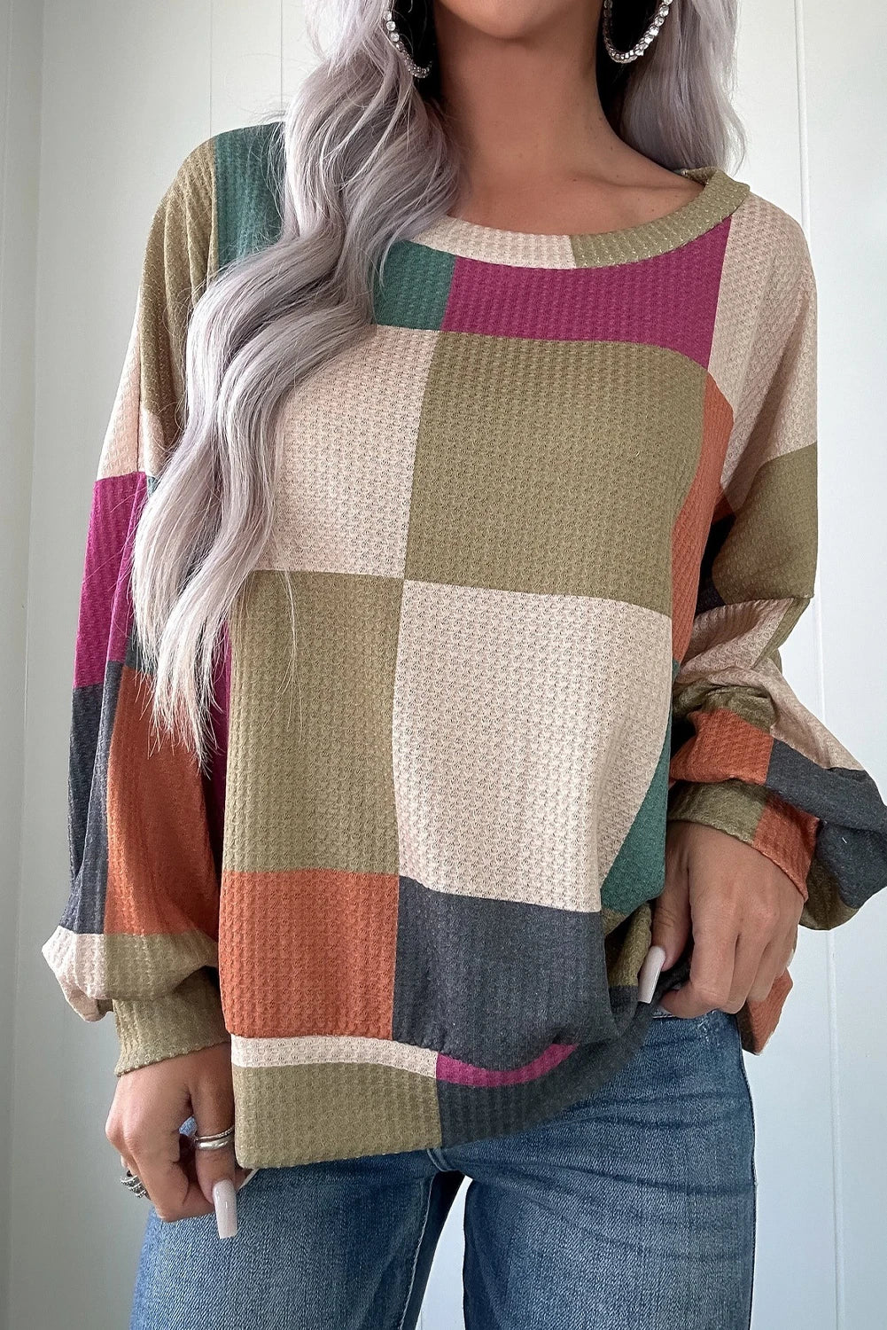 Rose Red Checkered Print Textured Knit Long Sleeve Loose Top