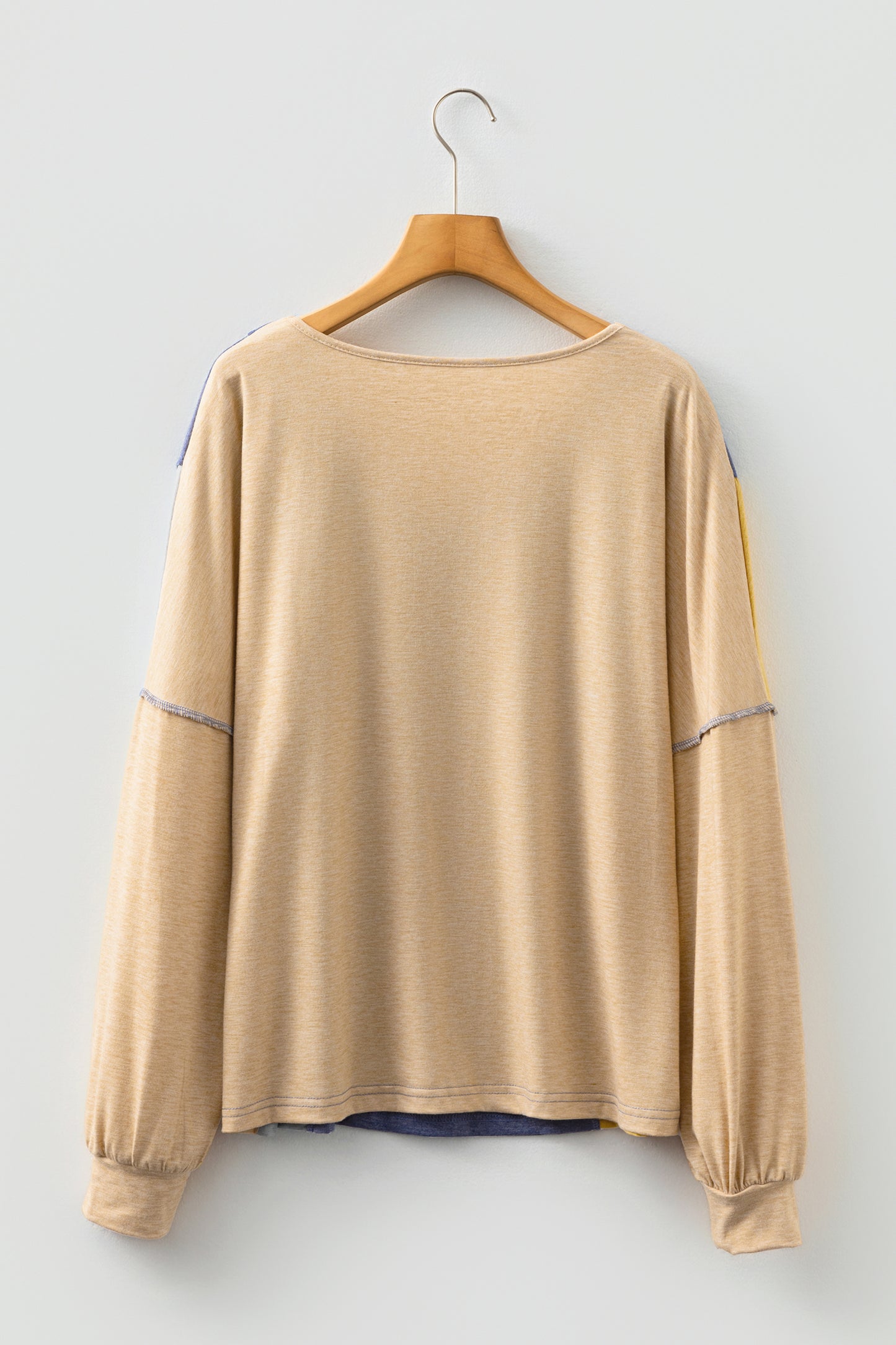 Four Leaf Clover Exposed Stitching Colorblock V Neck Long Sleeve Top