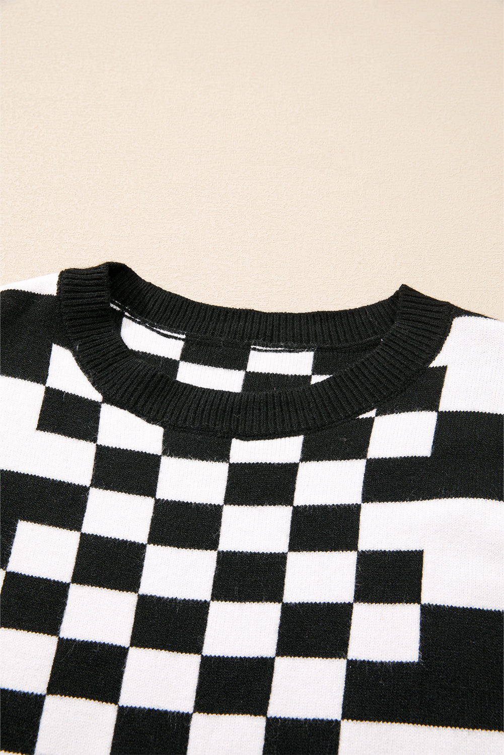 Black Brown Gray Checkered Print Drop Shoulder Round Neck Sweater