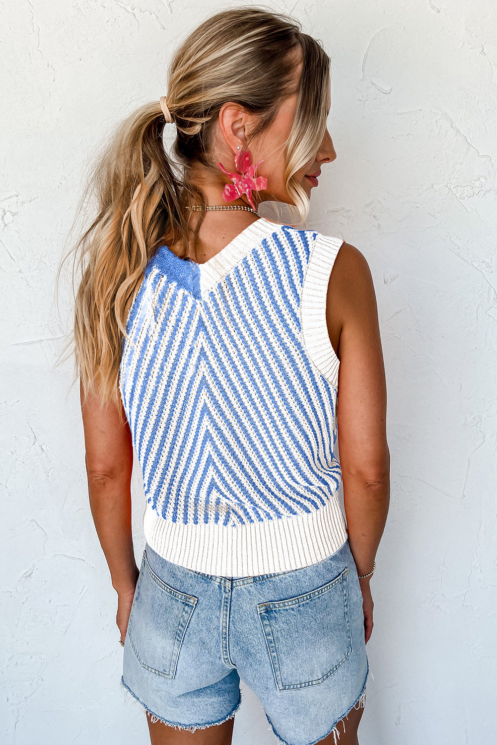 Light Pink Contrast Chevron Knit V Neck Sweater Vest