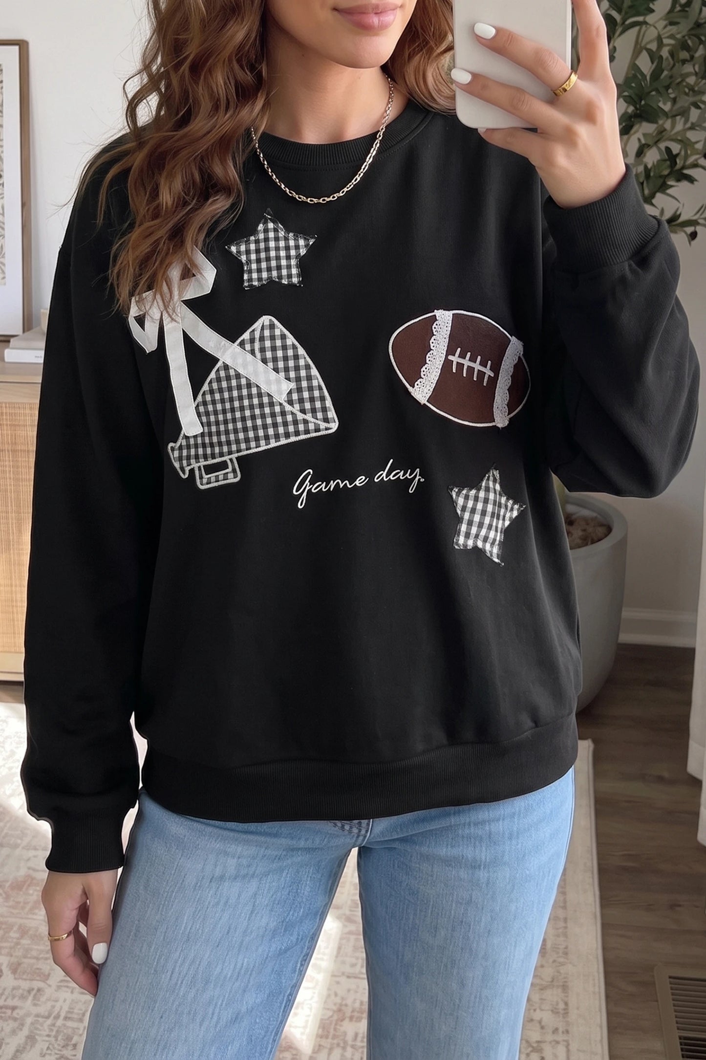 Gingham Patch Embroidered Rugby Game Day Stars Sweatshirt