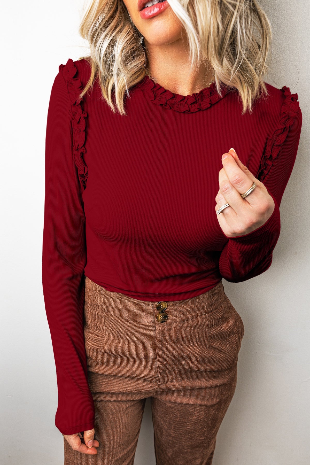 Beige Solid Color Round Neck Frill Detail Long Sleeve Top