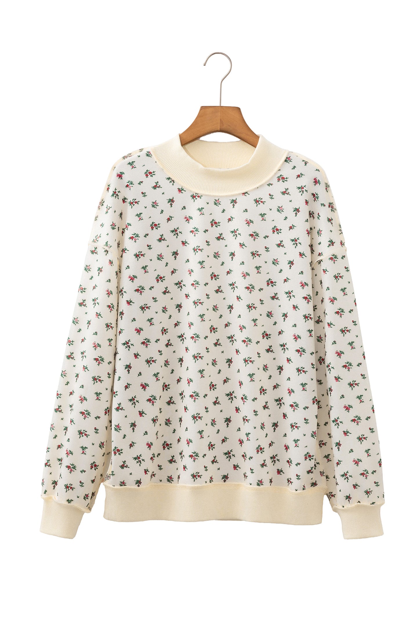 Beige Ribbed High Neck Patchwork Floral Print Baggy Pullover Sweatshirt