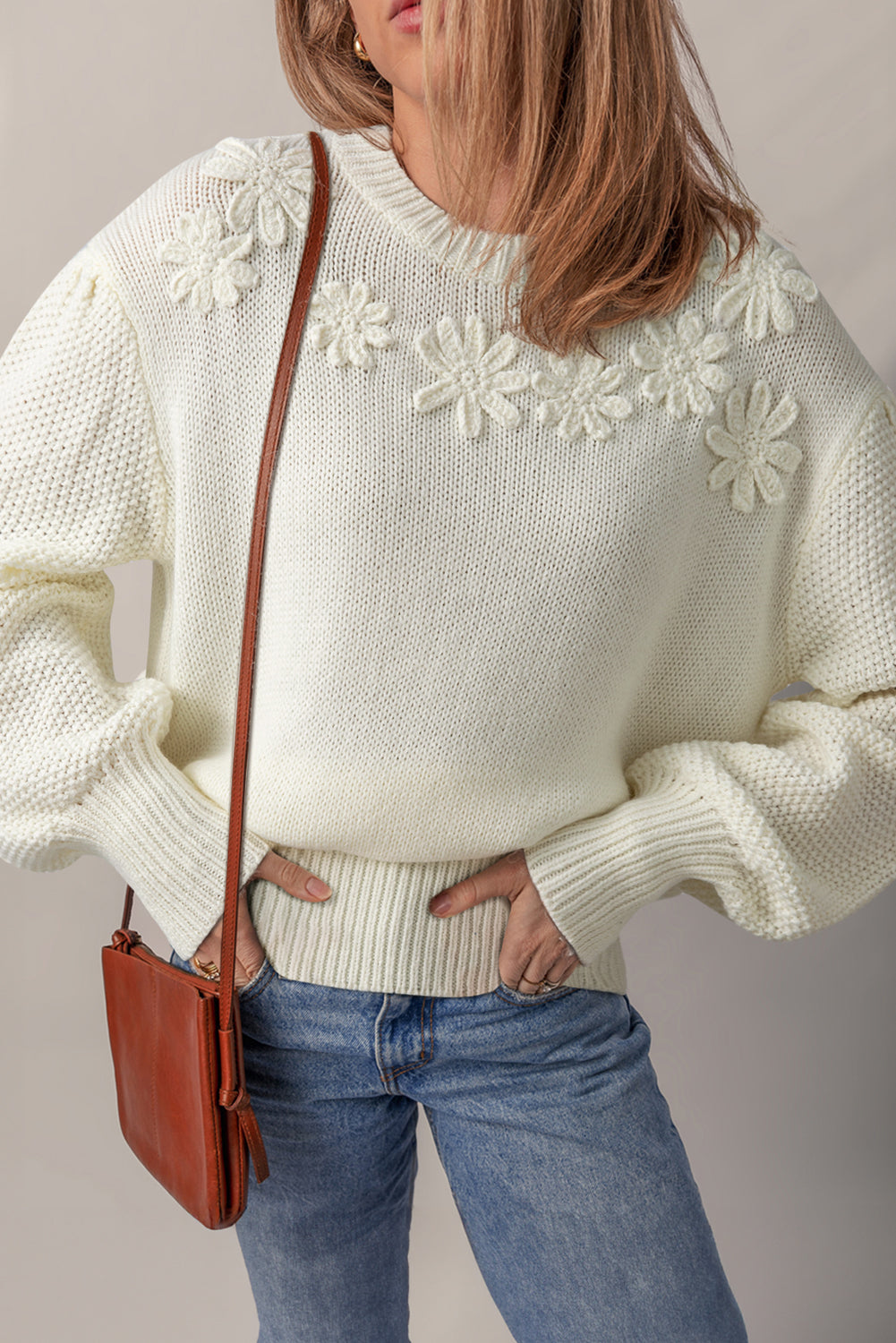 White Flower Detail Round Neck Contrast Textured Puff Sleeve Sweater