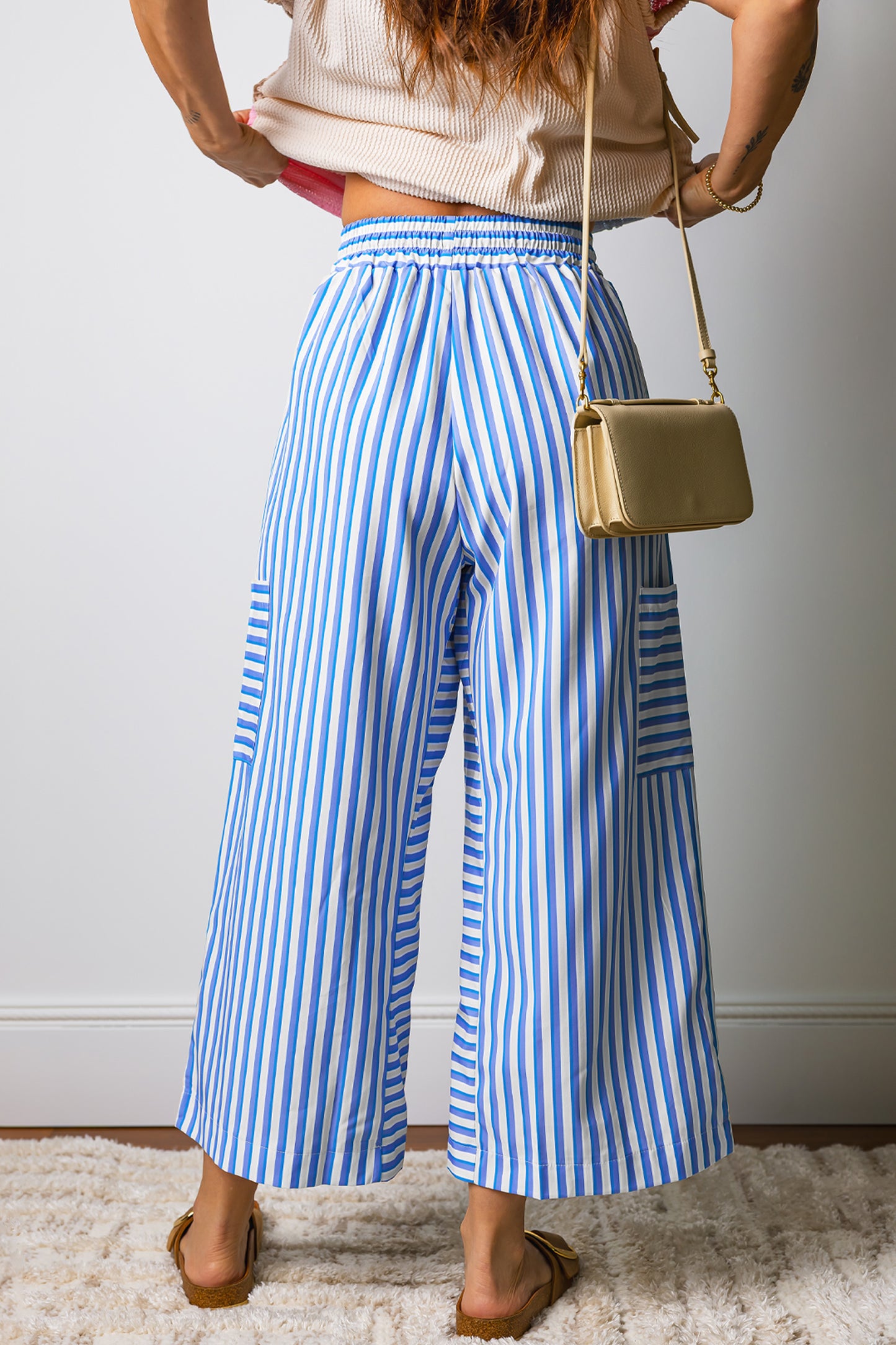 Striped Polyester Wide Leg Pants Casual Resort Trousers