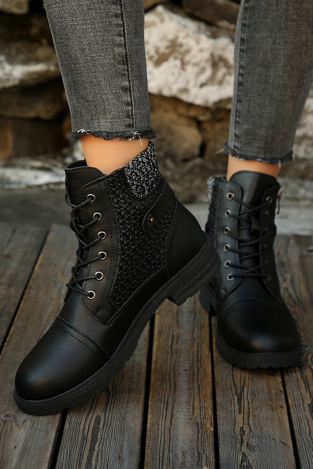 Black Faux Leather Textured Contrast Woven Patchwork Lace-up Martin Boots