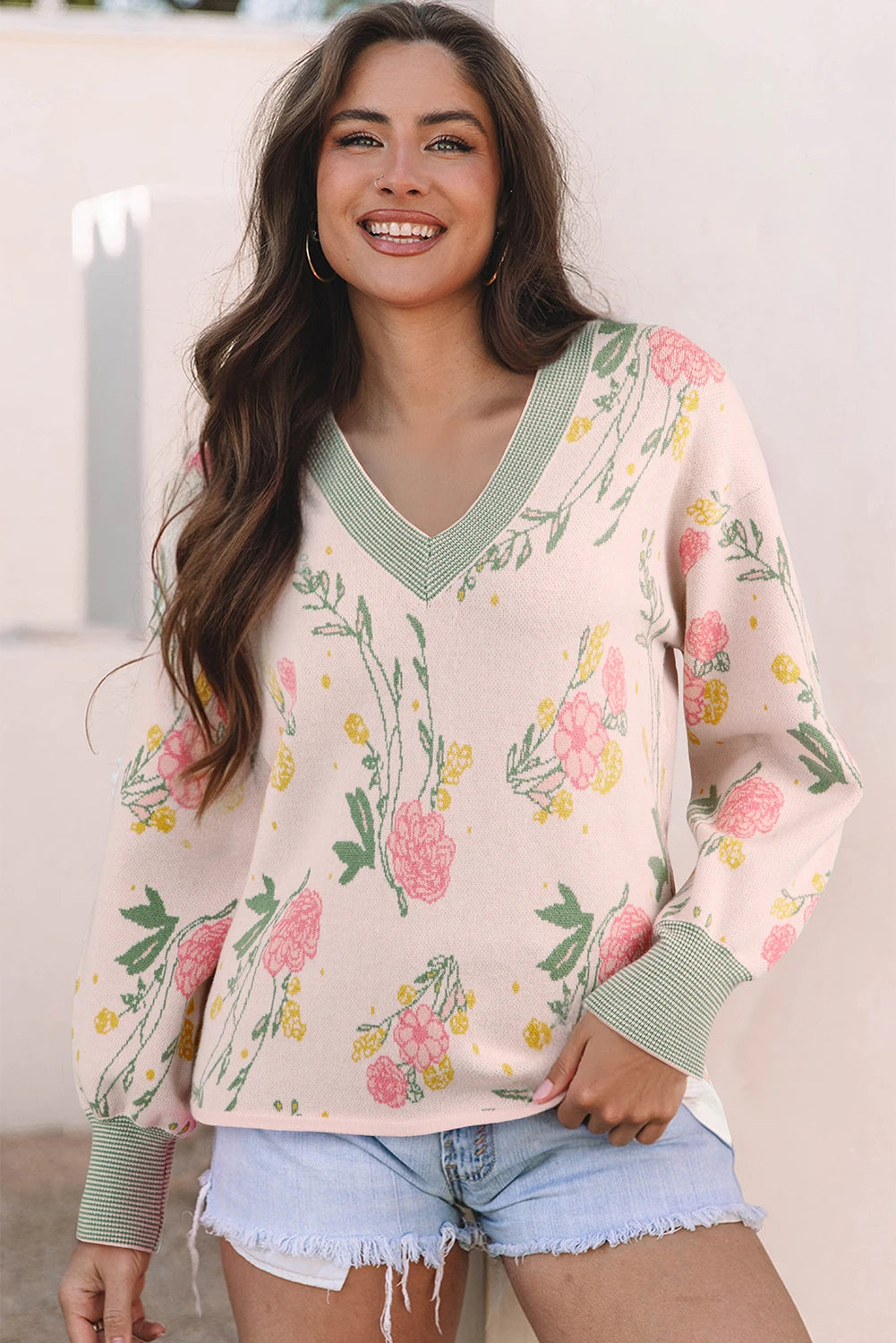 Pink Floral Pattern Striped V Neck Loose Sweater