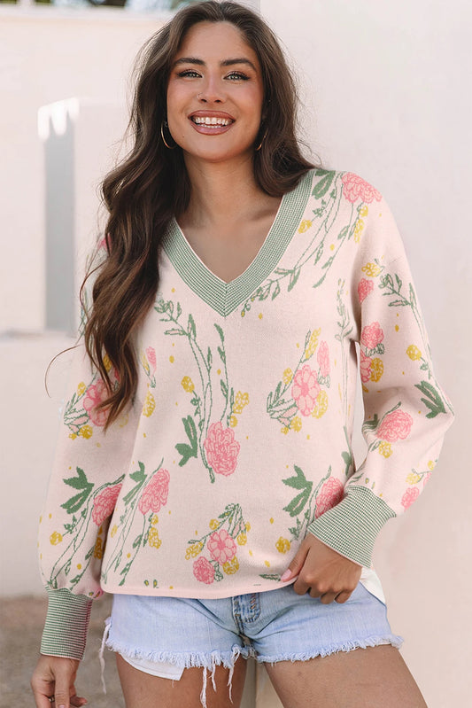 Pink Floral Pattern Striped V Neck Loose Sweater