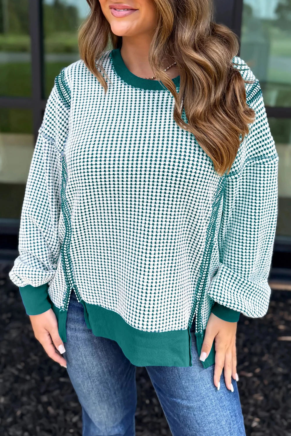 Dark Blue Waffle Knit Exposed Stitching Casual Top with Side Slits