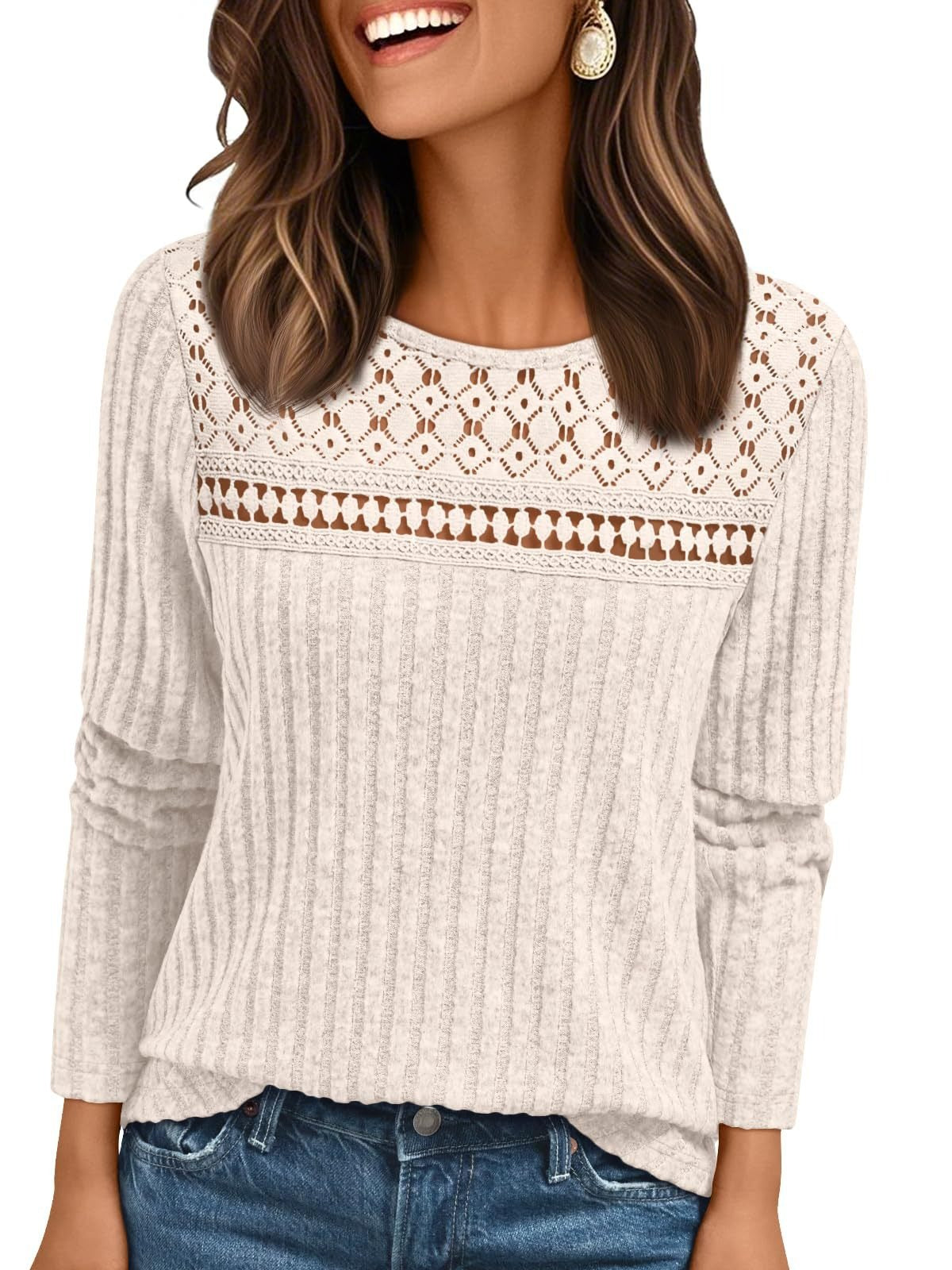 Solid Ribbed Top Casual Lace Long Sleeve Boutique