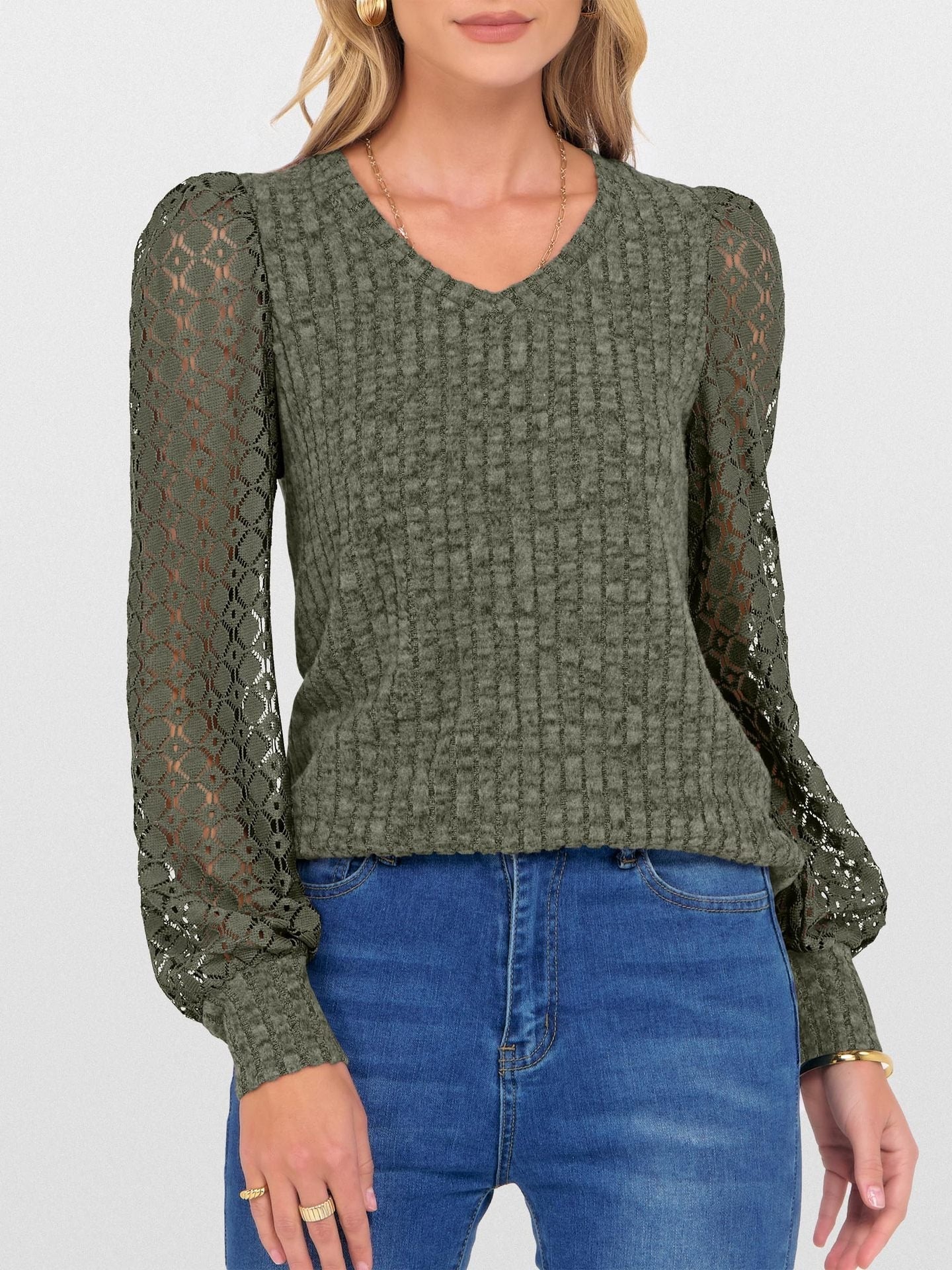 V-Neck Knit Top with Lace Puff Long Sleeves