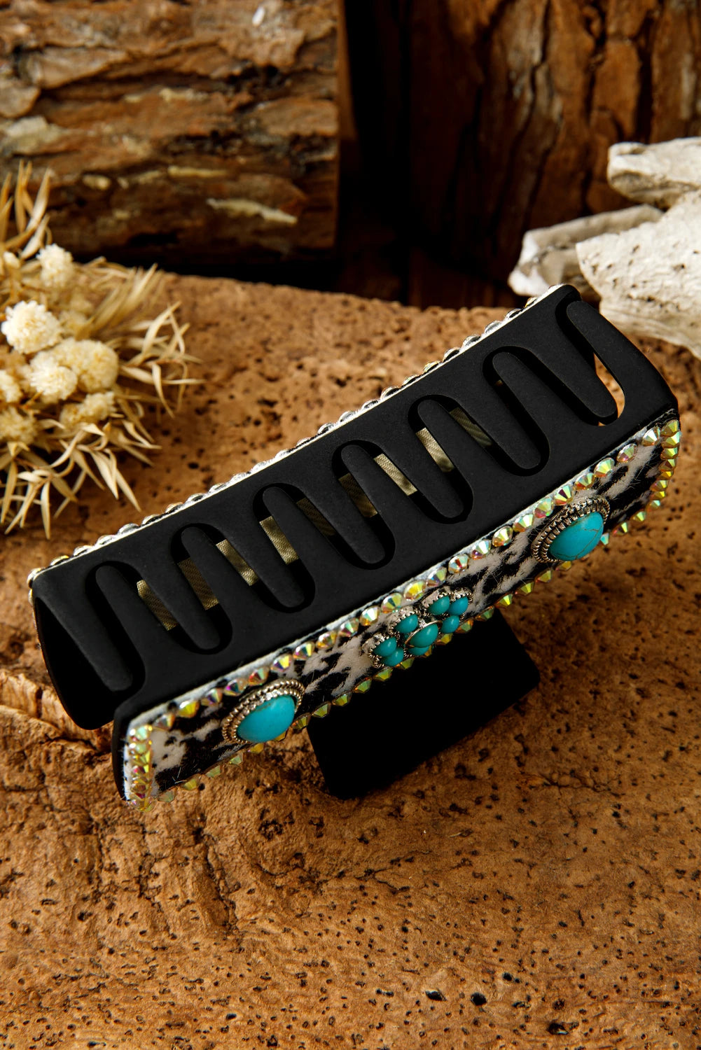 Black Western Cow Spots Faux Fur Patched Rhinestone Turquoise Detail Hair Claw Clip