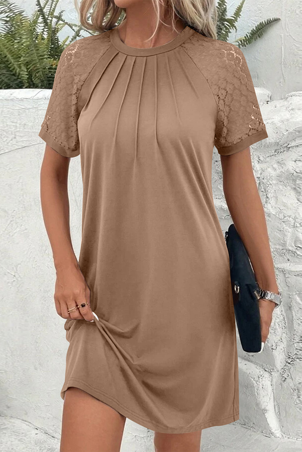 Black Contrast Lace Raglan Sleeve Pleated Detail Shift Dress