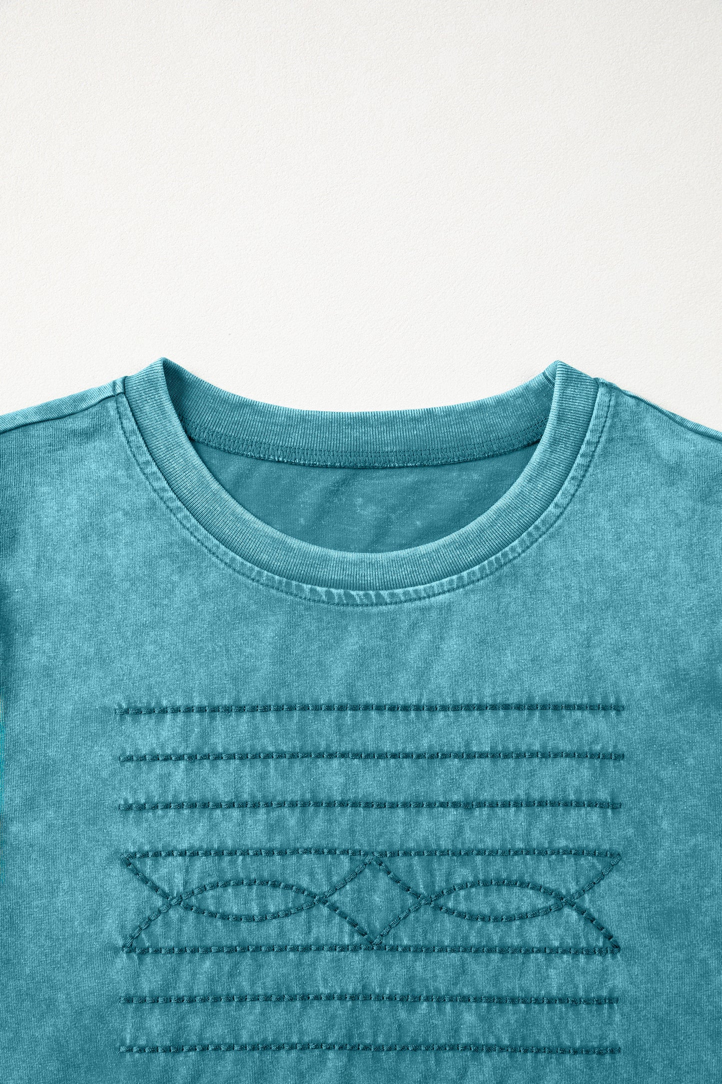 Turquoise Mineral Wash Western Embroidered Detail Short Puff Sleeve Cotton Tee