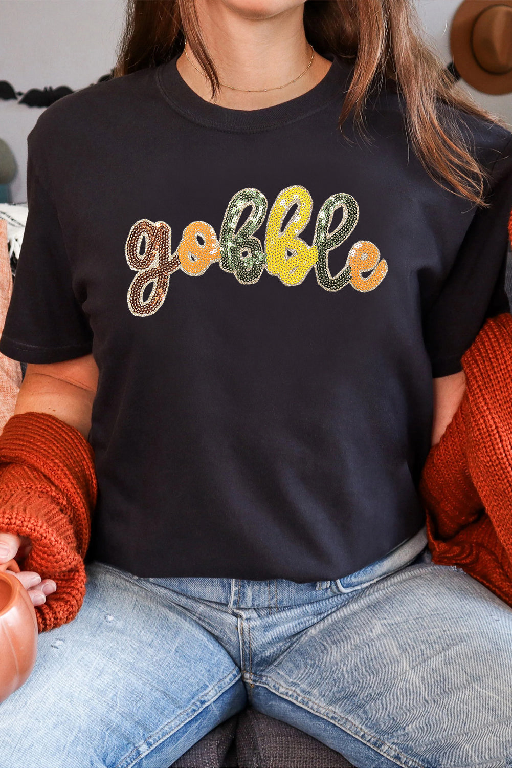 Black gobble Sequin Letter Graphic Thanksgiving T Shirt