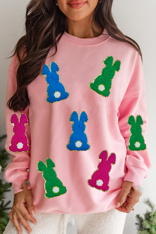 Easter Bunny Chenille Patched Graphic Drop Shoulder Sweatshirt