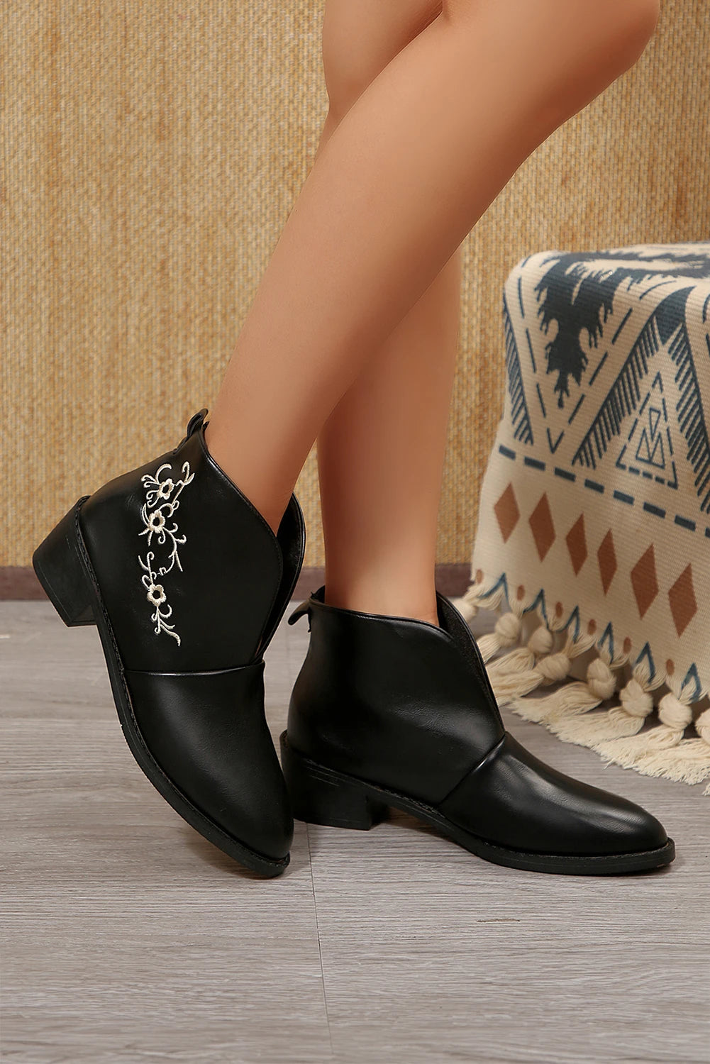Black PU Leather Flower Embroidered Detail Point Toe Boots