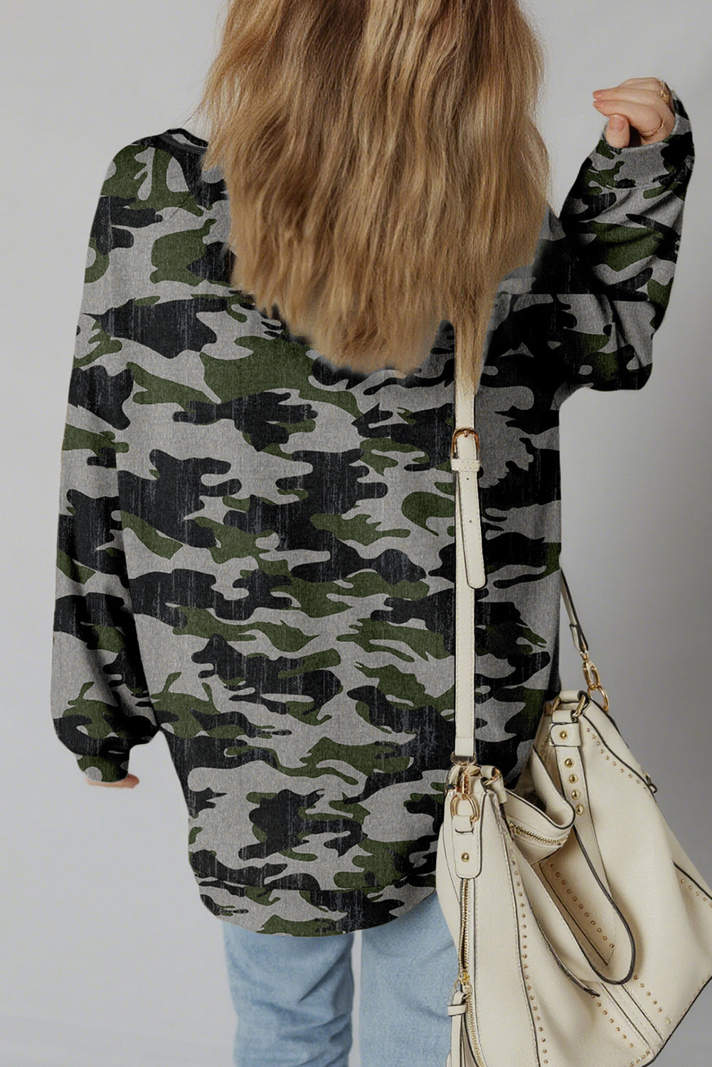 Multicolour Retro Camouflage Print Exposed Seam Patchwork Drop Shoulder Sweatshirt