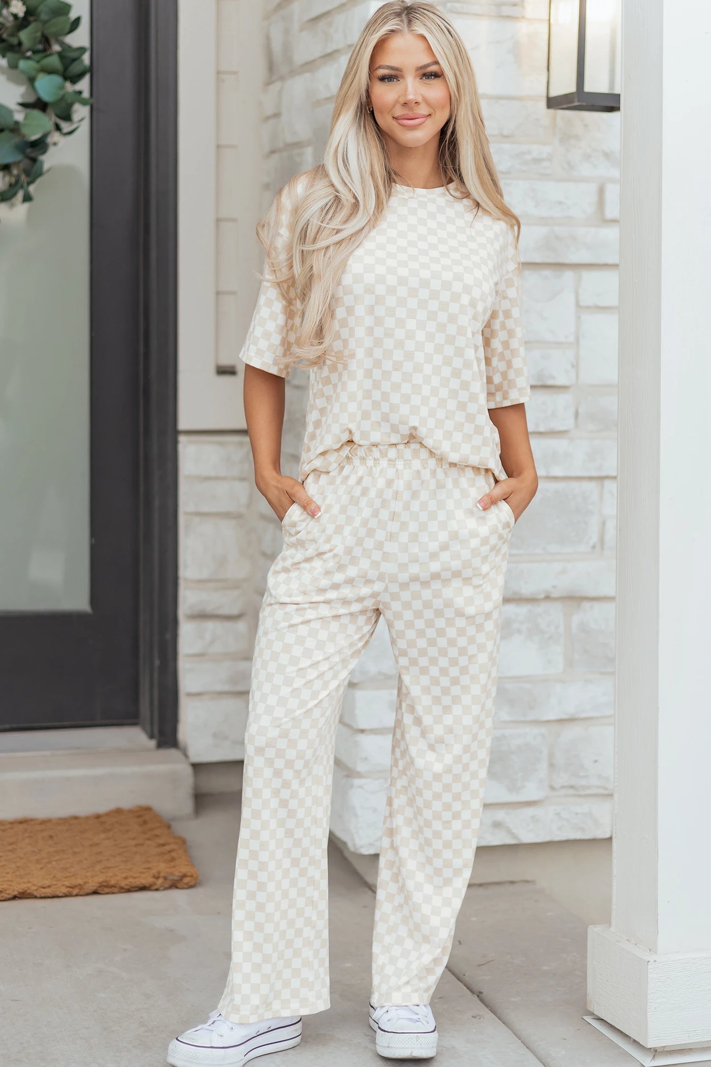 Rose Checkered Print Half Sleeve Tee 2pcs Lounge Pant Set
