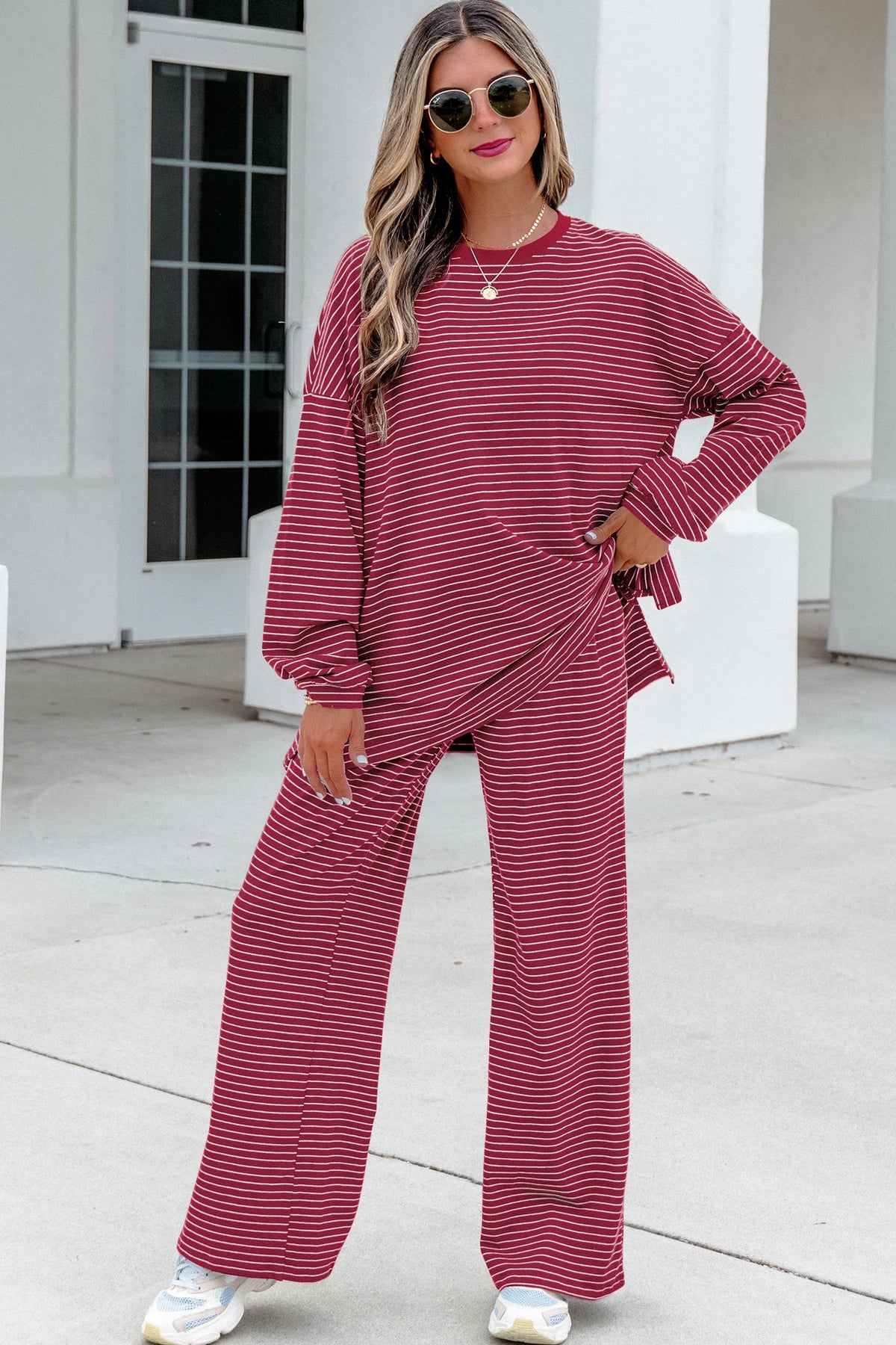 Green Stripe Dropped Shoulder Long Sleeve Top Elastic Waist Pants Casual 2pcs Set
