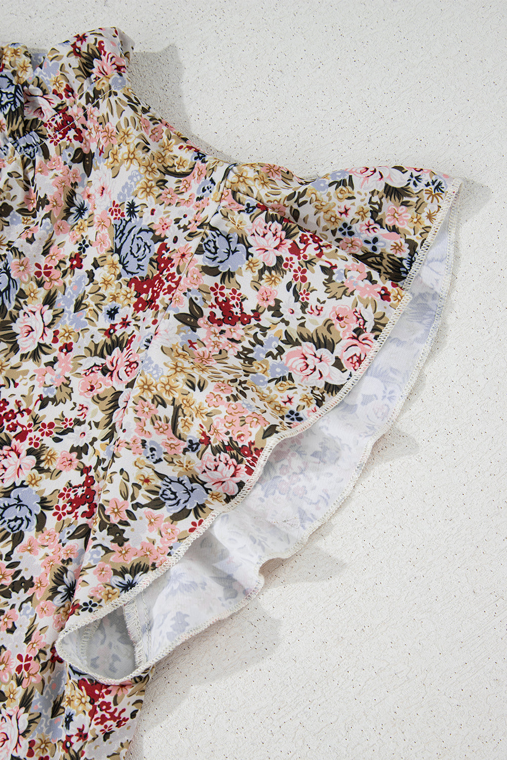 Red Boho Floral Frilled Button Neck Ruffle Short Sleeve Blouse