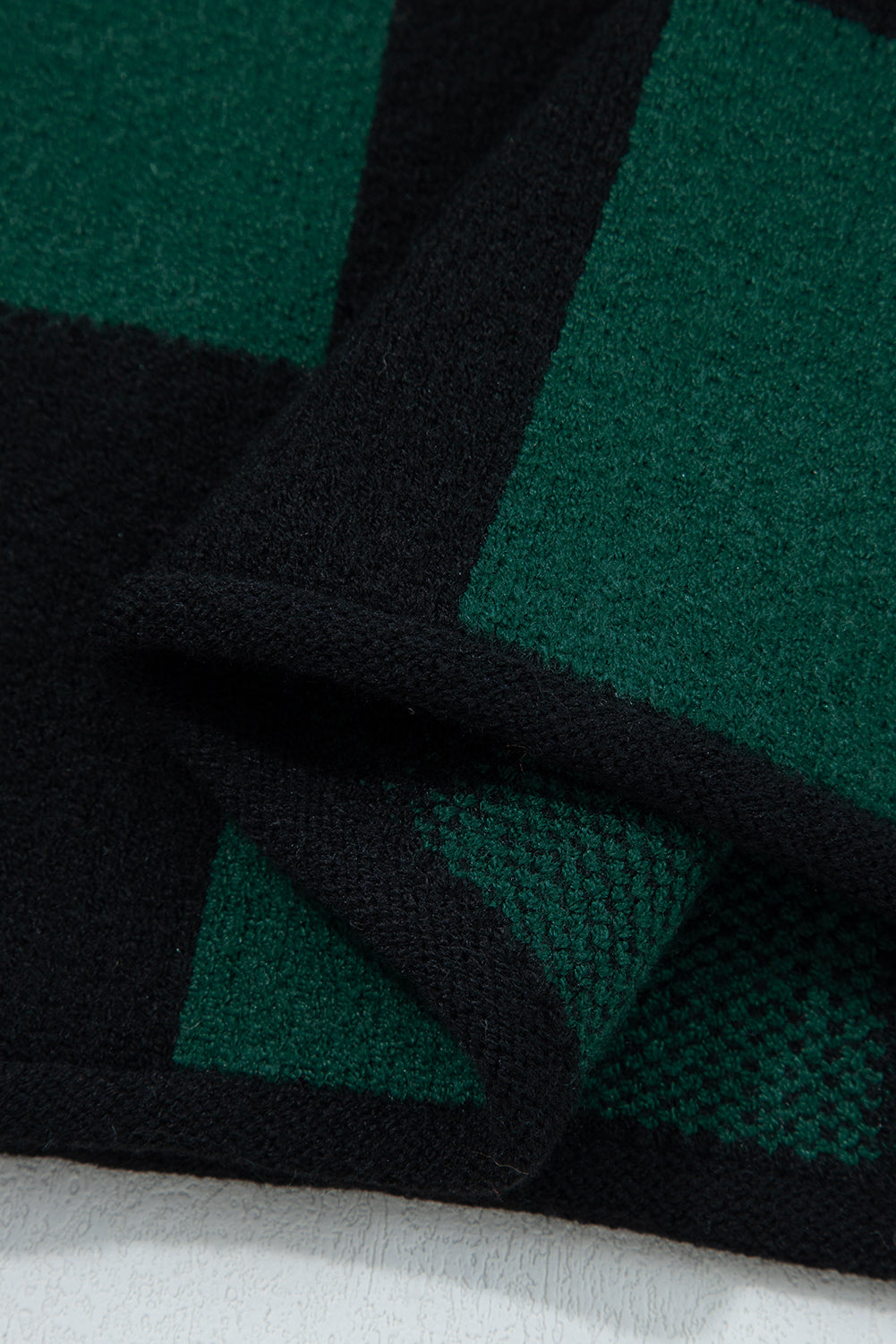 Green Checked Notched Neckline Drop Shoulder Knit Sweater