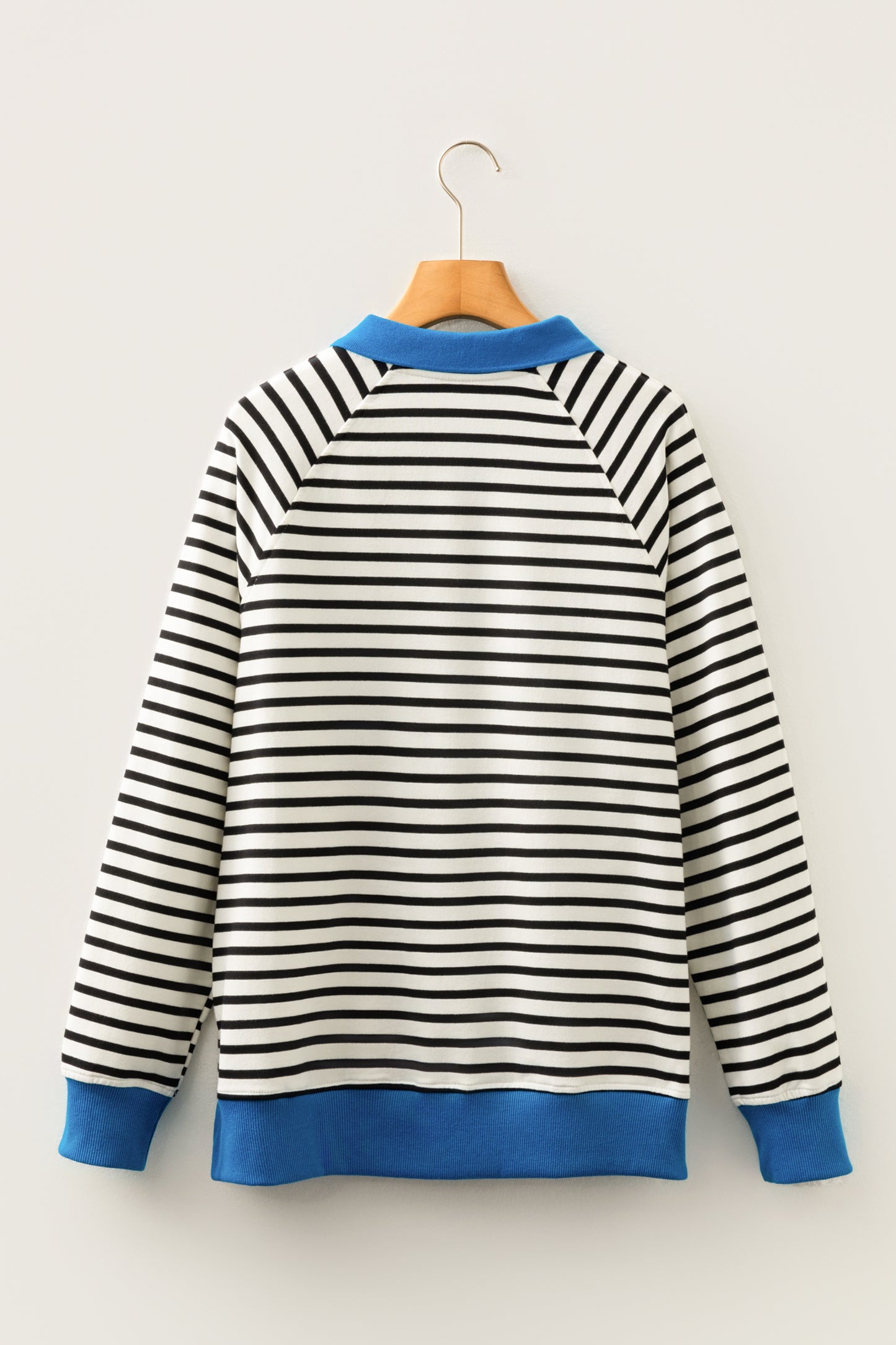 Black Stripe Color Block Patchwork Button Polo Collar Side Slit Sweatshirt