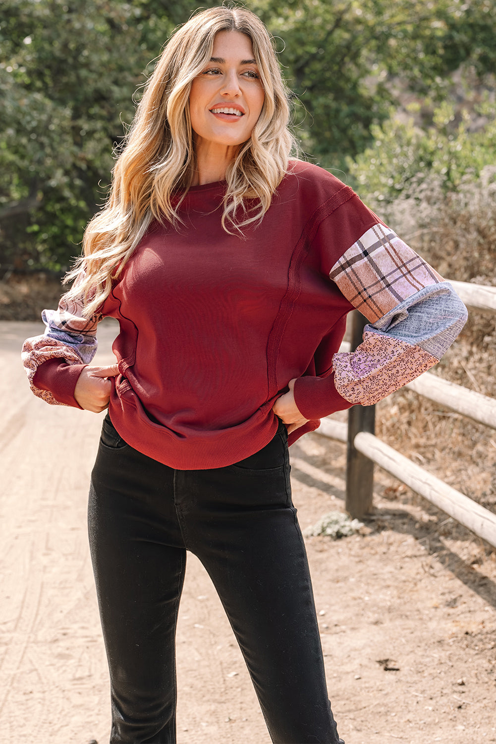 Smoke Gray Plaid Colorblock Patchwork Sleeve Raw Seam Sweatshirt