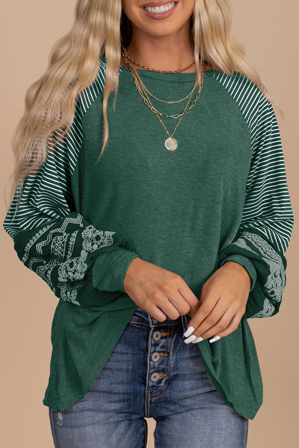 Tillandsia Purple Contrast Print Striped Raglan Long Sleeve Loose Top
